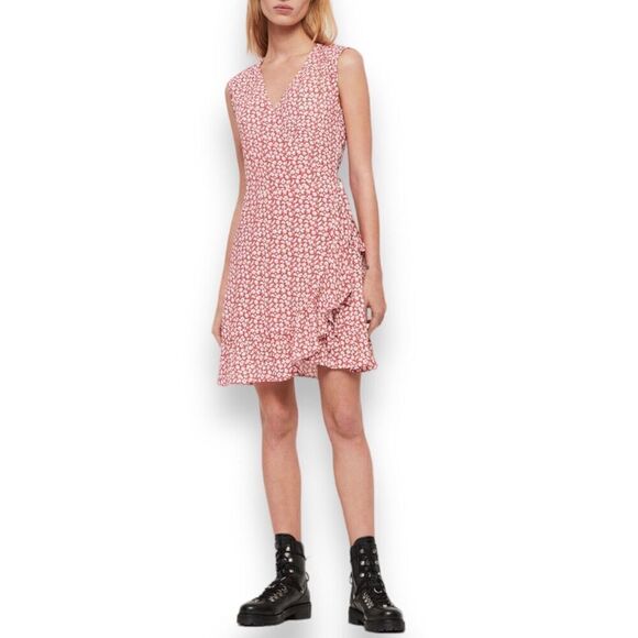 All Saints Dress Women’s Medium Red Floral Krystal True Wrap Mini Ruffle V Neck - Picture 5 of 12